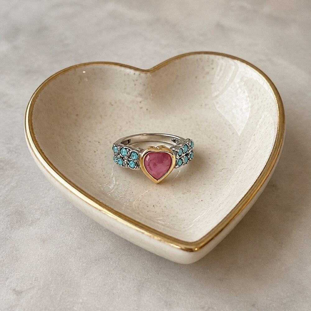 Artisan .925 Sterling Silver Two-Tone Pink Heart & Blue Crystal Mosaic Ring